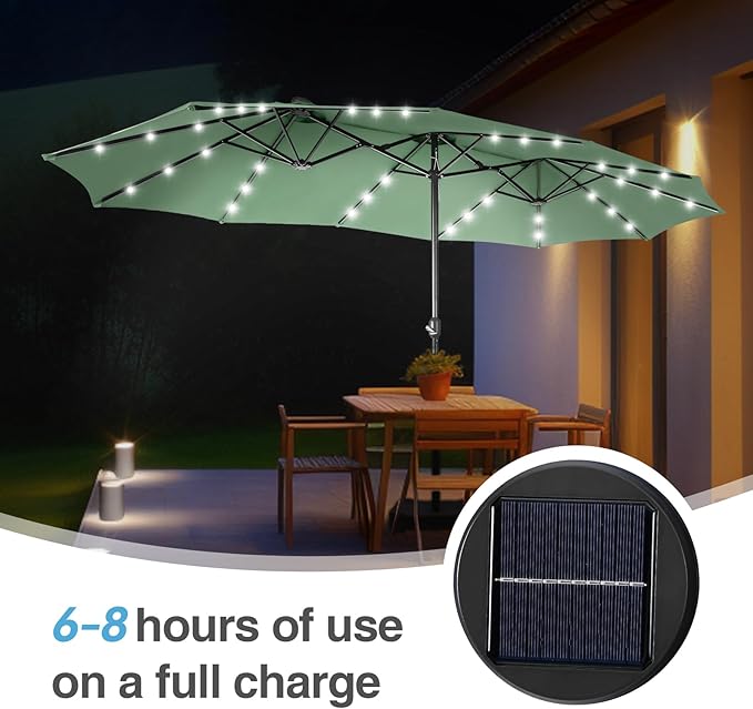 GREEN PARTY 15 ft Rectangle Patio Umbrella with Solar Lights and Base Included, Double-Sided Market Table Umbrella with Crank, Large Outdoor Umbrellas for Patio Poolside Garden Backyard, Mint Green