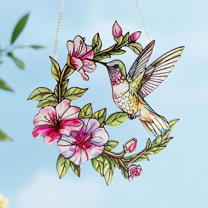 Stained Glass Window Hanging Hummingbird and Flower Suncatcher, Marzovitra 10 Inch Colorful Window Art Bird Sun Catcher for Home Decor, Garden, Patio, Gift for Nature and Bird Lovers