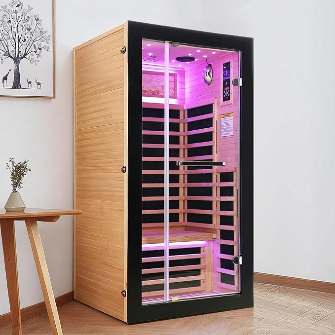 Sauna Indoor Far Infrared Saunas Home 1 Person Canadian Hemlock 1450W Low-EMF Dry Spa Sauna with Oxygen Bar, 7 Color Therapy, 7 Heating Plates, Intelligent Control Panel, Speakers (33.5*33.5*69 IN)