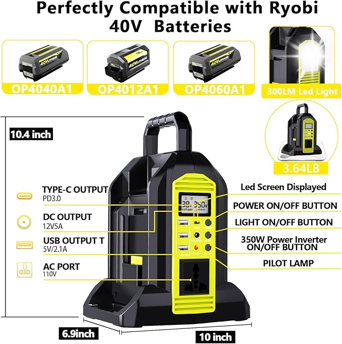 350W Power Inverter for Ryobi 40V Li-ion Batteries,2-Port Supply Inverter Generators Converter DC 40V to AC110V ~120V with LED Light,3 USB-A,1 Type-C,1DC Port, for Outdoor Travel Camping