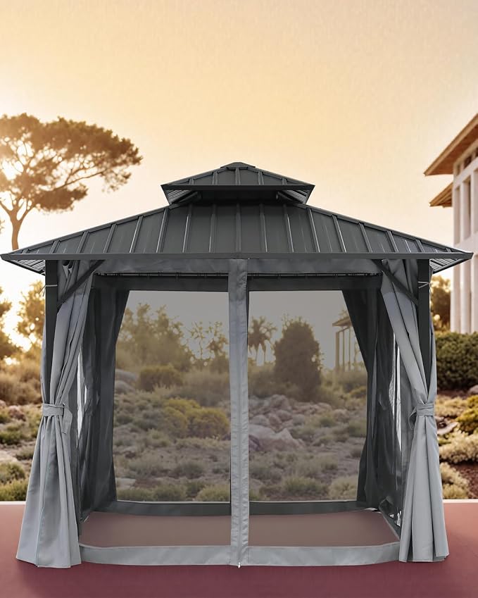 10' x 10' Hardtop Gazebo, Aluminum Frame Outdoor Patio Gazebos with Netting and Curtains, Outdoor Gazebo Canopy, Patio Pergola with Double Steel Roofs for Backyard, Patio, Deck, Slate Gray