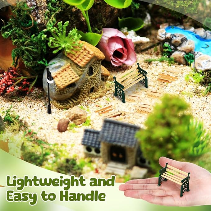 Toyvian Dollhouse Miniature Park Bench Miniature Garden Chair Seat Props Fairy Garden Bench with Mini Street Lamp Post Light Decor for Dollhouses Decoration Garden Ornaments