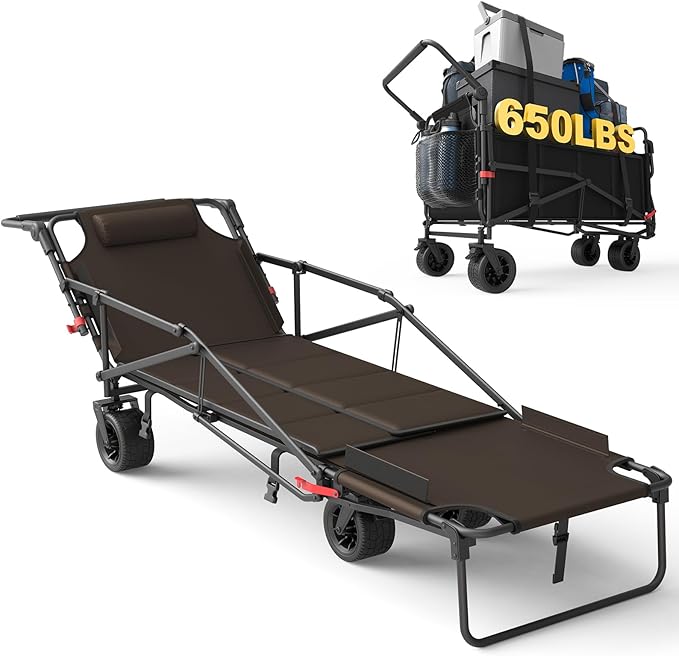 LEVELEVE Heavy Duty Folding Wagon - 2-in-1 Collapsible Cart, 650lb Capacity, All-Terrain Wheels w/Brakes & Side Pockets