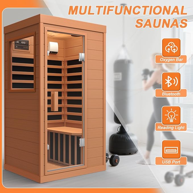 Far Infrared Sauna, Canadian Hemlock Wood Sauna Spa Room for Indoor,1062W 110V Low EMF Saunas with Control Panel and Integrated Speakers, Mini Home Sauna Room for One Person (Red Wood)