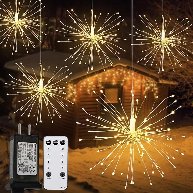 8 Pcs Total 800 LED Firework Copper Wire Lights, 8 Modes Fairy Twinkle Lights Plug in String Lights 1M/3.3FT Spacing Starburst Lights with Sagging Wire and Remote Control(Warm White)