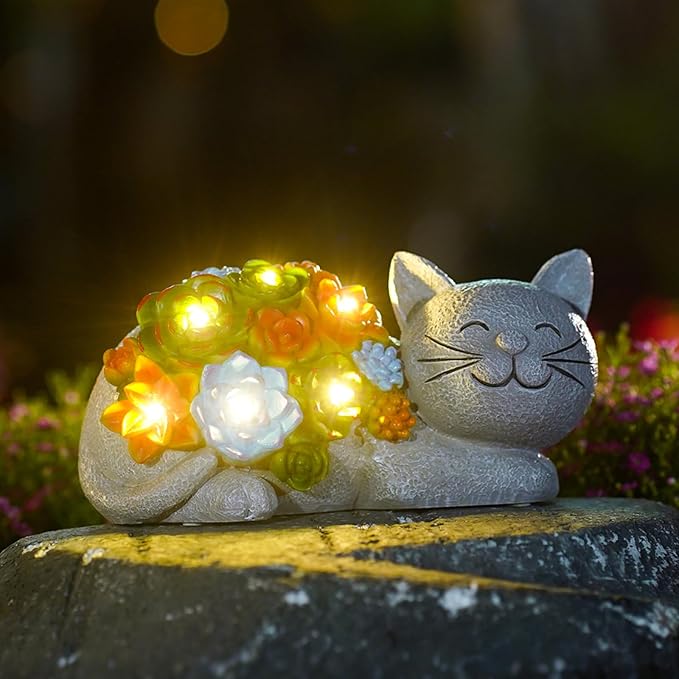 Solar Cat Garden Statue for Outdoor: Outside Sculpture Art Decor Yard Lawn Porch Backyard Ornament- Ideal Gifts for Mom Mother Women