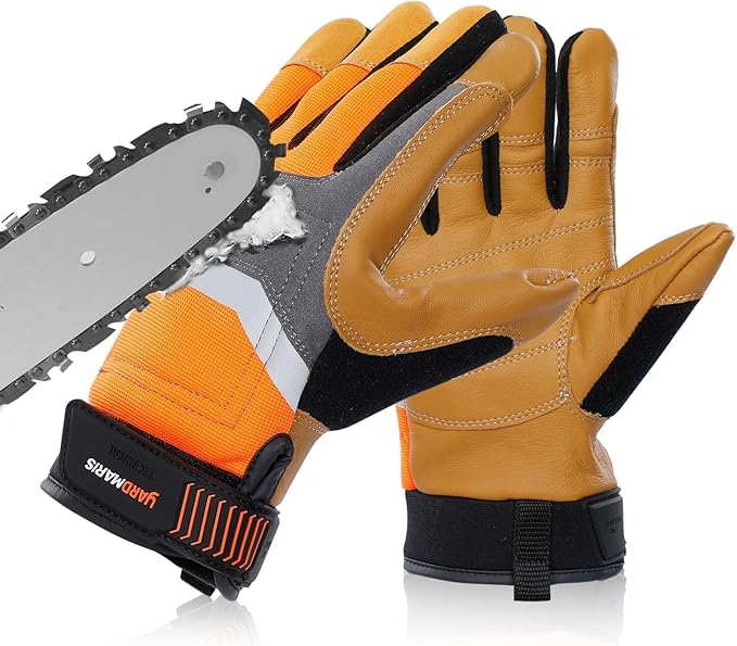 Chainsaw Gloves, Genuine Leather Logging Safety Gloves, 12-Layer Anti-cutting Protection on Left Hand Back, Cowskin