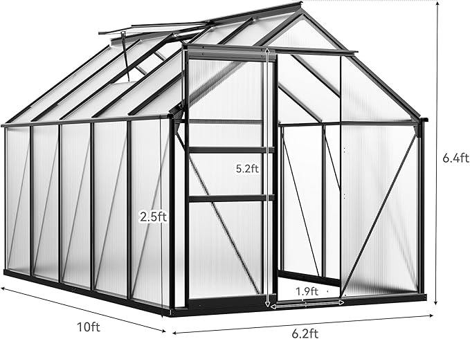 YITAHOME Polycarbonate 6X10FT Greenhouse Heavy Duty Green Houses Outdoor Greenhouses Aluminum Sliding Doors Vent Window for Garden Backyard, Black