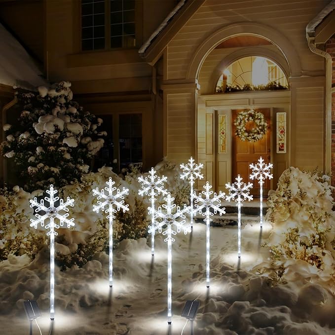 Solar Christmas Pathway Lights Outdoor Decorations, Solar Powered Snowflake Lights, Waterproof Xms Garden Stake Lights Outdoor Christmas Decorations for Patio Yard Porch Lawn, 4 Pack(White)