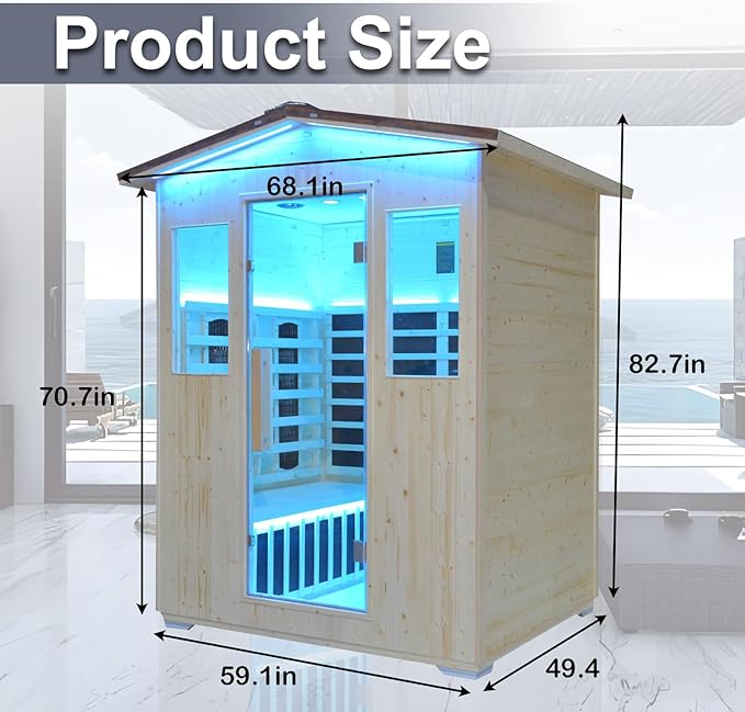Outdoor Infrared Sauna 4 Person, Spruce Wooden Large Sauna 2600W 240V Heaters Panels With Lcd Display Control Multi Color Light Strip Bluetooth Speaker Oxygen Bar(59.06*47.24*81.89 inch Spruce)
