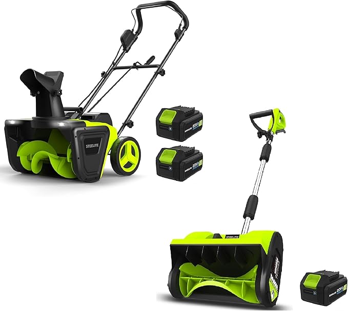 STEELITE Cordless Snow Blower & Snow Shovel Combo - 42V 20-Inch Snow Thrower (850 lbs/Minute) + 21V 12-Inch Snow Shovel (20-Ft Throwing Distance) - Includes 3 x 4.0Ah Batteries & Charger (2 Packages)
