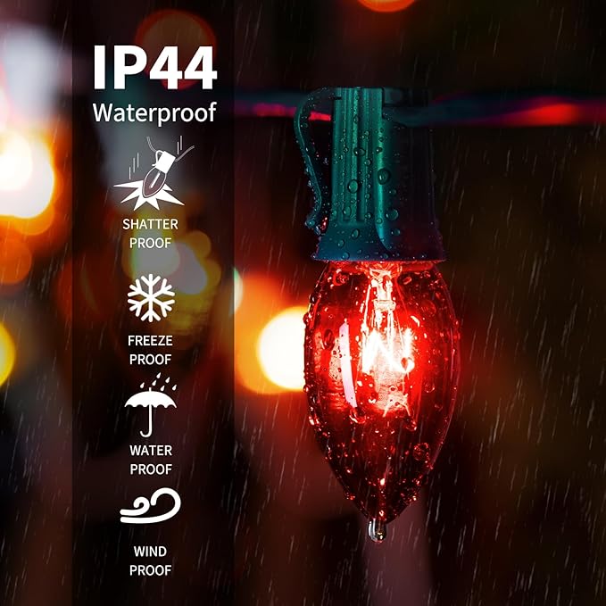 Minetom C9 Red & Clear Christmas String Lights, 25FT 25 Blubs Bright & Warm Outdoor Christmas Lights, Long Life C9 String Lights for Tree Patio Gazebo Wreath, Green