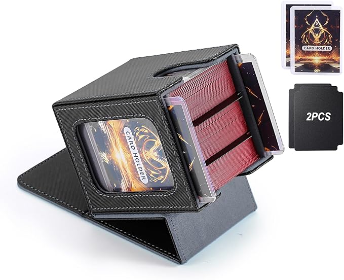 MTG Deck Box, Double Display Window MTG, Commander Deck Box Fits 120+ Single Sleeved Cards, PU Leather Magnetic Closure Card Box with 2 Dividers&2 Toploaders for TCG, CCG, Black/Grey
