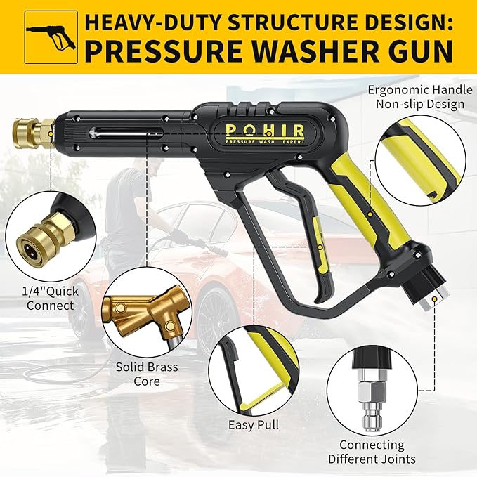 POHIR Pressure Washer Gun with Foam Cannon & 50ft Power Washer Hose, 3600PSI Pressure Washing Kit with 15" Extension Wand & 7 Nozzle Tips, 3/8'' Quick Connector & M22 15mm/14mm Fittings
