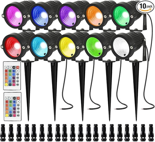 Low Voltage Landscape Lights Color Changing RGB LED Landscape Lighting with Connectors Outdoor Waterproof Spotlight Remote Control for Garden Pathway Christmas Decorative Light（5W DC12V 10P