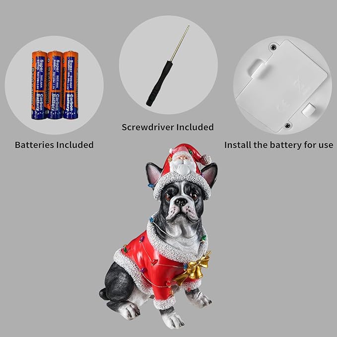 Christmas Outdoor Decoration Dog Statue, LED Light Cute French Bulldog Sculpture with Santa Outfit & Lights for Garden and Yard, Indoor Holiday Décor Gift for mom and dad