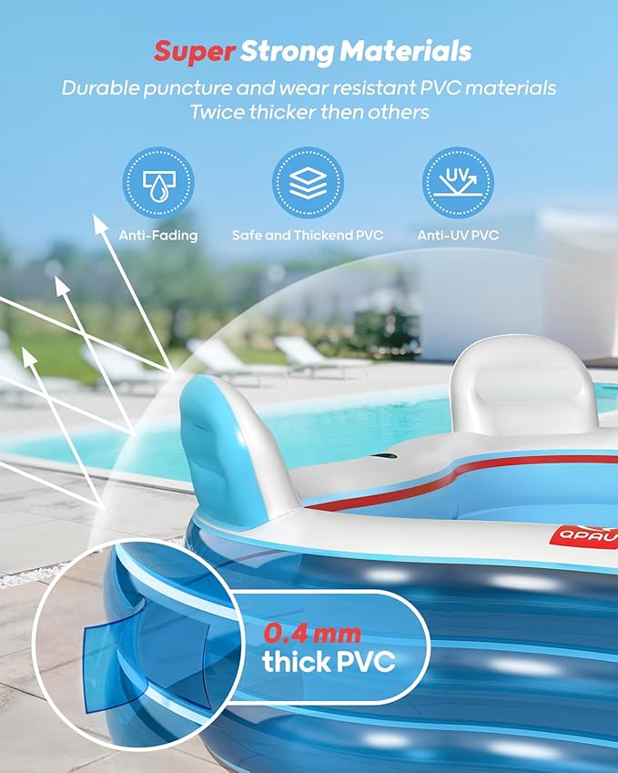 QPAU Inflatable Swimming Pool, Full-Sized Blow Up Pools with Seats and Backrests, Kiddie Pool for Outdoor & Backyard, for Family Summer Time Fun, Jelly Blue