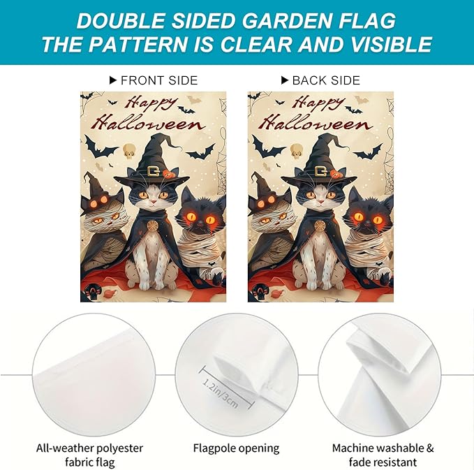 Happy Halloween Garden Flag Three Cute Cats Witch Mummy Flag 12x18 Inch Double Sided Spooky Outdoor Yard Decor House Banner Porch Lawn Patio Home Decoration
