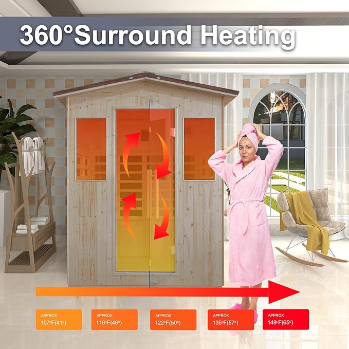 Outdoor Infrared Sauna 4 Person, Spruce Wooden Large Sauna 2600W 240V Heaters Panels With Lcd Display Control Multi Color Light Strip Bluetooth Speaker Oxygen Bar(59.06*47.24*81.89 inch Spruce)