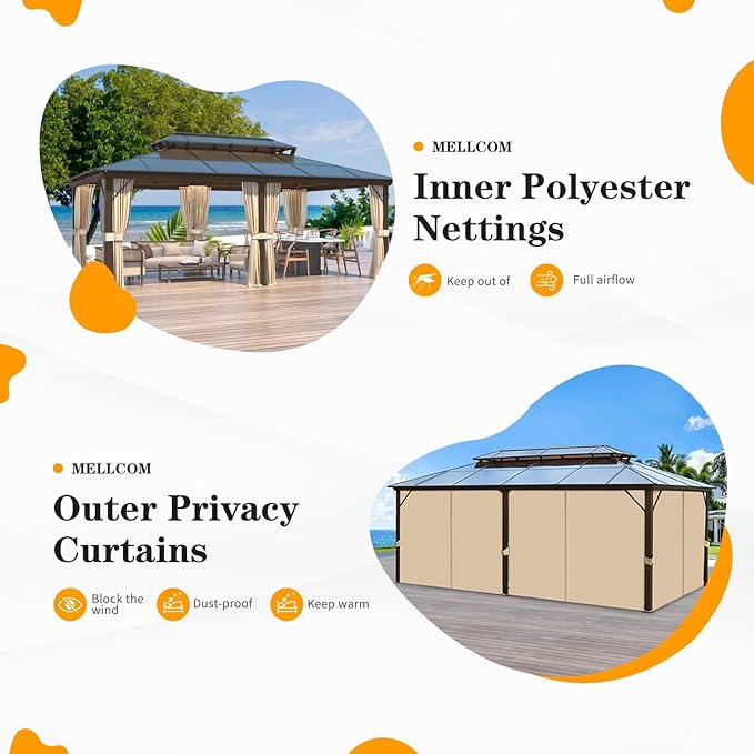 MELLCOM 12'x20' Hardtop Gazebo with Polycarbonate Double Roof, Aluminum Frame Outdoor Gazebo Permanent Pavilion with Curtains and Netting for Patio, Lawn & Garden