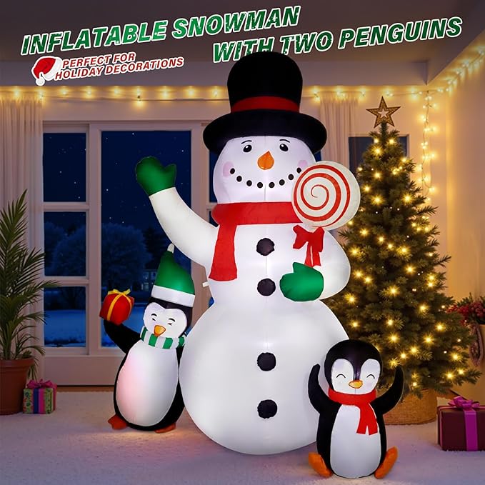 8 FT Christmas Inflatable Decorations,Outdoor Snowman with Penguins Blow Up Decorations, Patio Lawn Xmas Decor with Poweful Blower Built-in Bright LED Lights for Indoor Outdoor,Lawn,New Year Gifts