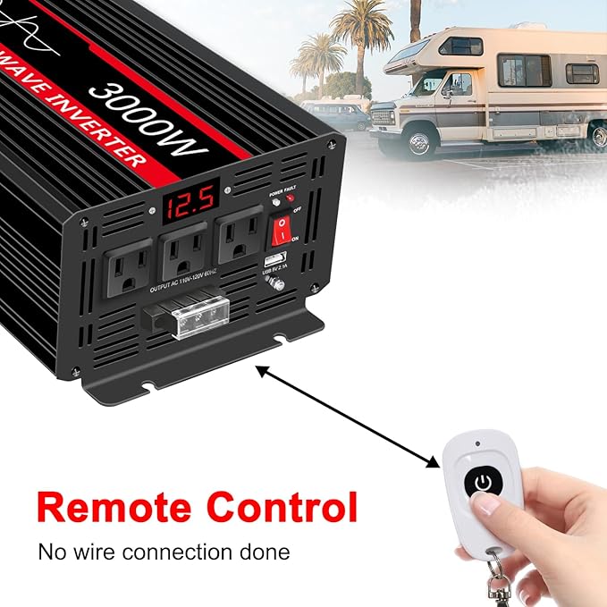 JIGUUN 3000 Watt Pure Sine Wave Inverter, Power Converter 12V DC to 110v/120v AC, Car Inverter with 4 AC Outlets& USB Port Remote Control for RV Camping Truck.