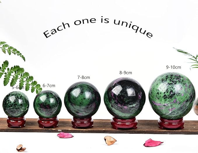 JIC Gem Natural Ruby Zoisite Quartz Crystal Sphere Balls with Wood Stand Red&Green Treasure Gemstone Decorative Orbs Reiki Energy Healing Crystal Ball (60-70mm)
