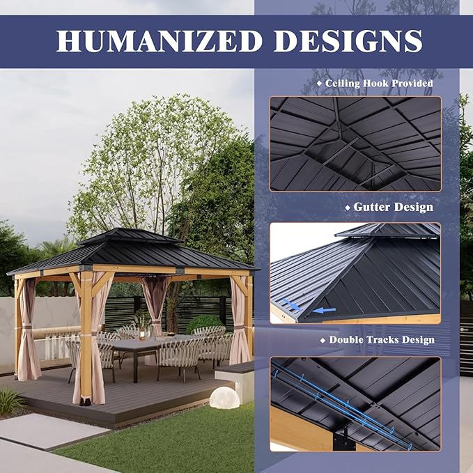CHARMELEON 10'x12' Wood Gazebo,Patio Cedar Wood Gazebo with Mosquito Netting and Curtains, Galvanized Steel Hardtop Pavilion for Outdoor, Garden, Deck