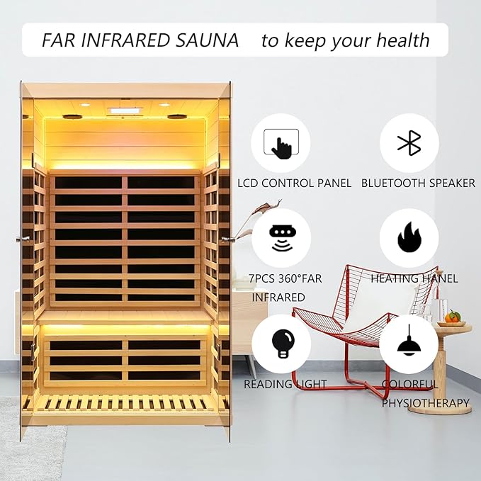 2 Person Infrared Sauna, Hemlock Wood Low EMF Far Infrared Saunas, 1780W/120V Indoor Personal Sauna Room Box with APP Control, Glass Door, Blue-Tooth, LCD, LED Reading Light, 7-Color Light Therapy