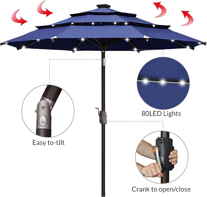 EliteShade USA 10-Year-Non-Fading Solar 9ft 3 Tiers Market Umbrella with 80 LED Lights Patio Umbrellas Outdoor Table with Ventilation,Navy Blue