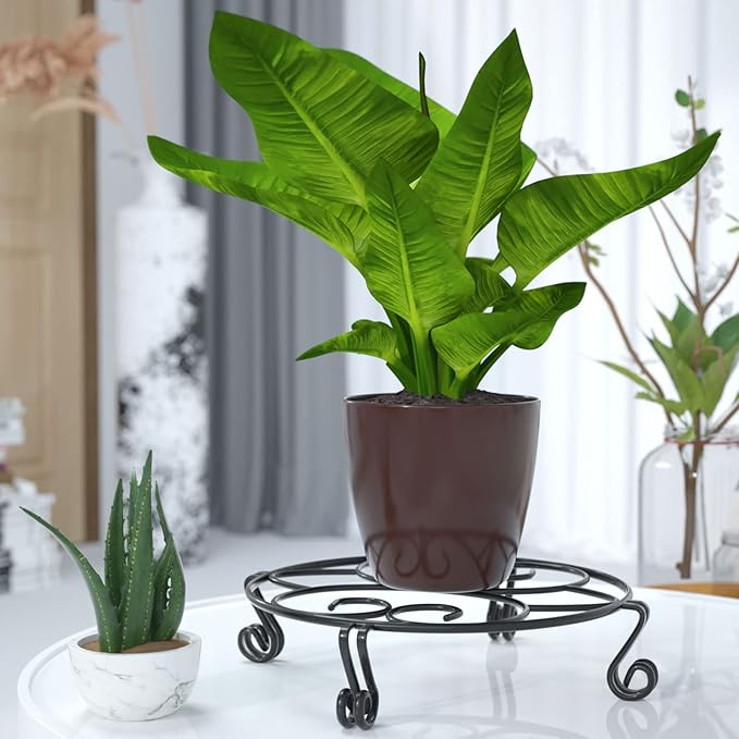 Yimobra Original Patented Plant Stand for Flower Pot Heavy Duty Potted Holder Indoor Outdoor, Metal Rustproof Iron Garden Container Round Supports Rack for Planter, Black, 10.2 Inches