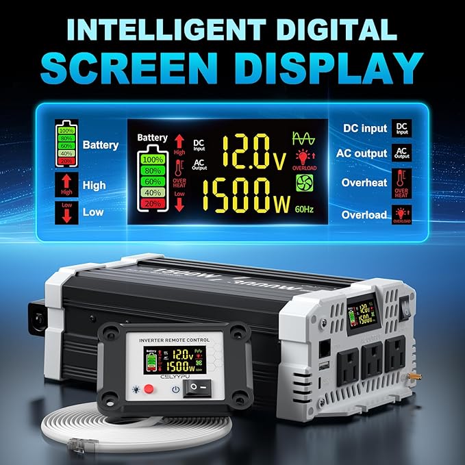1500 watt Pure sine Wave Inverter, 12V DC to 110V AC Power Inverter, Used for Solar Emergency Power Supply in RV Homes, with 3 AC Output sockets, USB Port, Type-C Port, Remote Control with LCD Screen