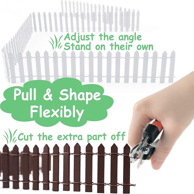 Miniature Wood Picket Fence - 2 Pcs DIY Brown and White Fence with Gate, 40 Inch Long for Fairy or Dollhouse Garden