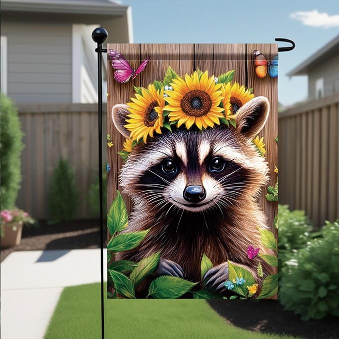 Summer Spring Garden Flag 12x18 Inch Double Sided Cute Raccoon Sunflower Crown Summer Yard Decoration Outdoor Rustic Banner for Porch Lawn Butterfly Floral Farmhouse Seasonal Decor
