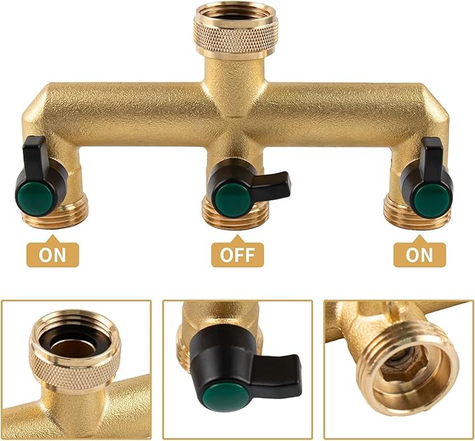 Hose Splitter, 3 Way Heavy Duty Brass Garden Hose Splitter, Outdoor Faucet Splitter, for 3/4" Hose Connector, Hose Spigot Adapter with 3 Individual ON/Off Valves