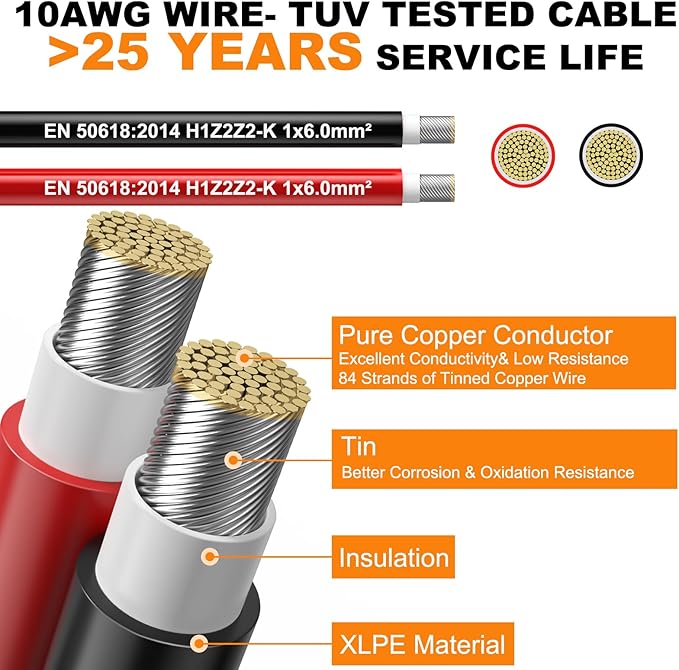 Oududianzi 2x32.8 Feet Solar Panel Wire, 10AWG Solar Wire Tinned Copper 10 Gauge Solar Cable PV Wire, for Outdoor Automotive RV Solar Panels Boat Marine (32.8FT Red + 32.8FT Black)