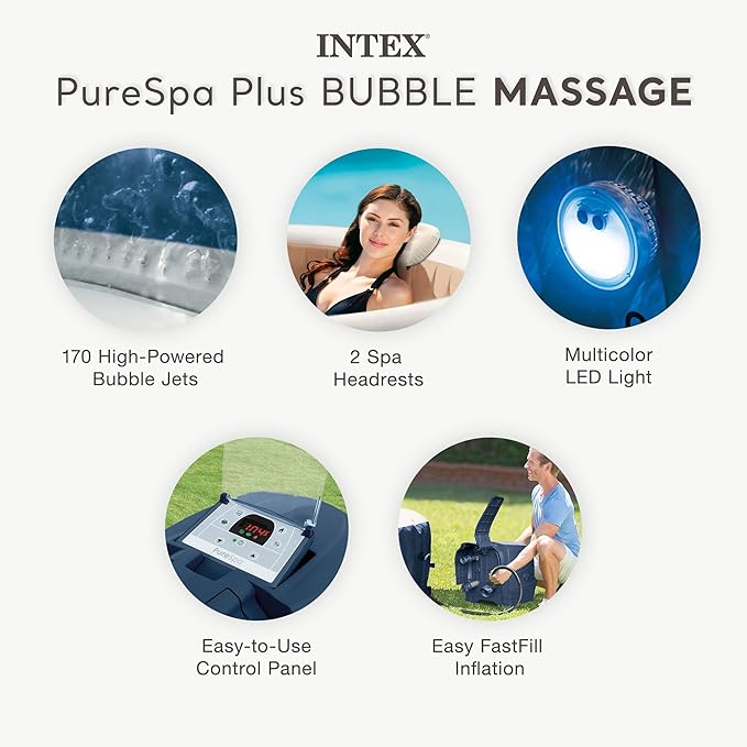 INTEX 28429EP PureSpa Plus Bubble Massage Spa Set: Includes – 2 Contoured Headrest – LED Light – 4 Person Capacity – 77" x 28"