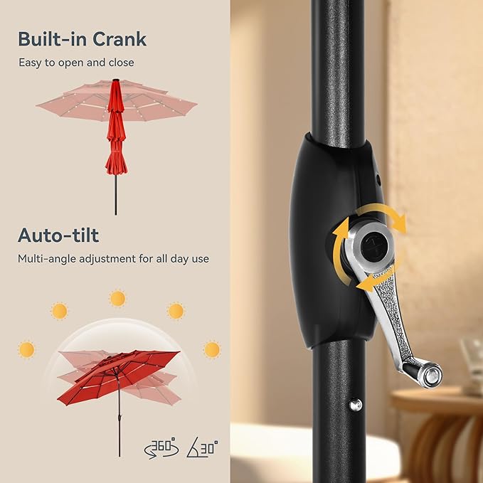 PHI VILLA 10ft Patio Umbrella with Light, Outdoor Large Auto-Tilt 3 Tier Market Table Umbrellas with 8 Sturdy Ribs and 1.5" Pole for Lawn Poolside Garden Terrace, Orange Red