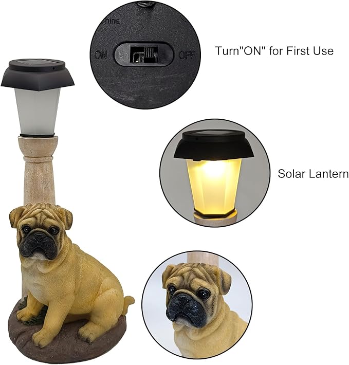 BAYN Solar Dog Garden Statues with Lantern, Resin Pug Dog Sculpture with Warm White Light for Outside Lawn Porch Patio