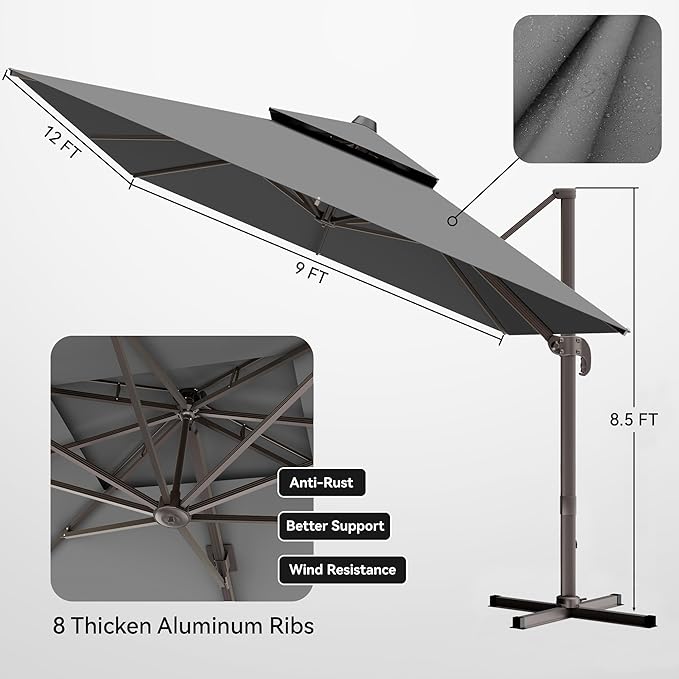 9x12 FT Patio Umbrella, Large Cantilever Rectangular Double Top Heavy Duty Offset Umbrellas with 360° Rotation, Outdoor shade for Garden Deck Pool, Gray