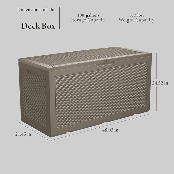 100 Gallon Waterproof Deck Box, Lockable Resin Storage Box for Patio Furniture Cushions Garden Tools and Outdoor Delivery Storage, Coffee