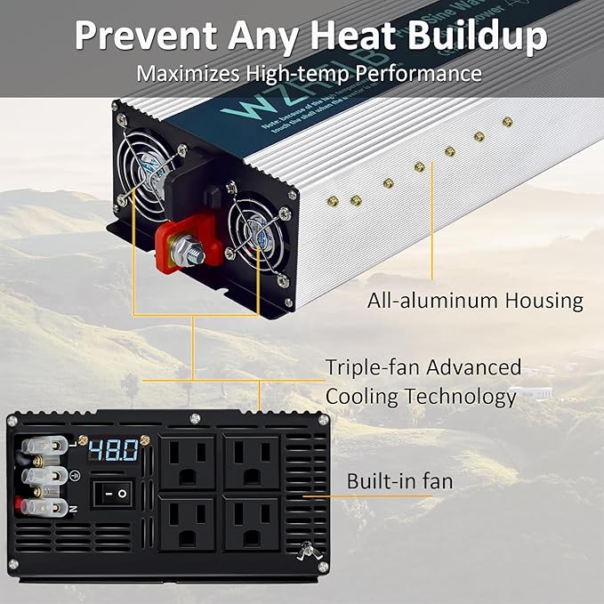 WZRELB 5000W Pure Sine Wave Inverter 48V DC to 110V 120V AC Power Converter with LED Display, Hardwire Terminal,Off-Grid Portable Power Inverter with 4 AC Outlets for Home, RV, Truck, Camping