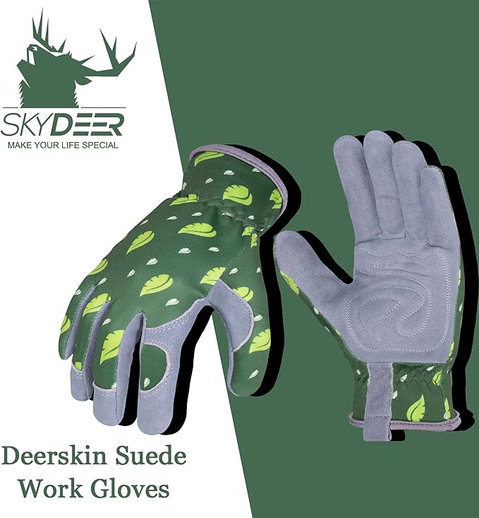 SKYDEER Premium Genuine Deerskin Suede Women's Gardening Gloves, Ultra-Soft Padded, Comfort Fit for Work (SD6615/L)