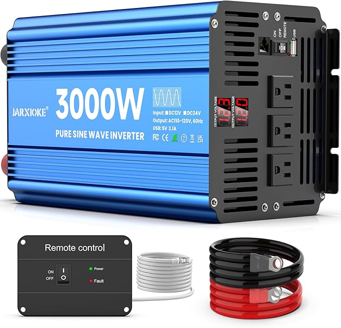 3000 Watt Pure Sine Wave Power Inverter 12V DC to 110V 120V Converter for Home, RV and Off-Grid Solar Systems with 3 AC Outlets, Dual USB Ports, LCD Display and Remote Control