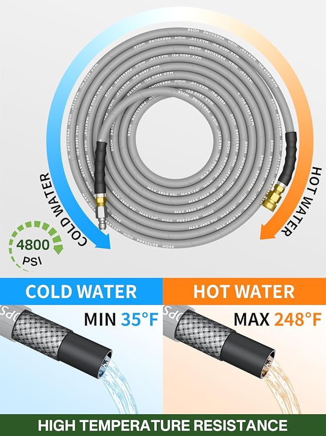3/8" 4800PSI Pressure Washer Hose 150FT with Swivel Quick Connect for Cold/Hot Water Max 248°F, Kink Resistant Steel Wire Braided, Wear Resistant Power Washer Hose with M22 14mm Adapter