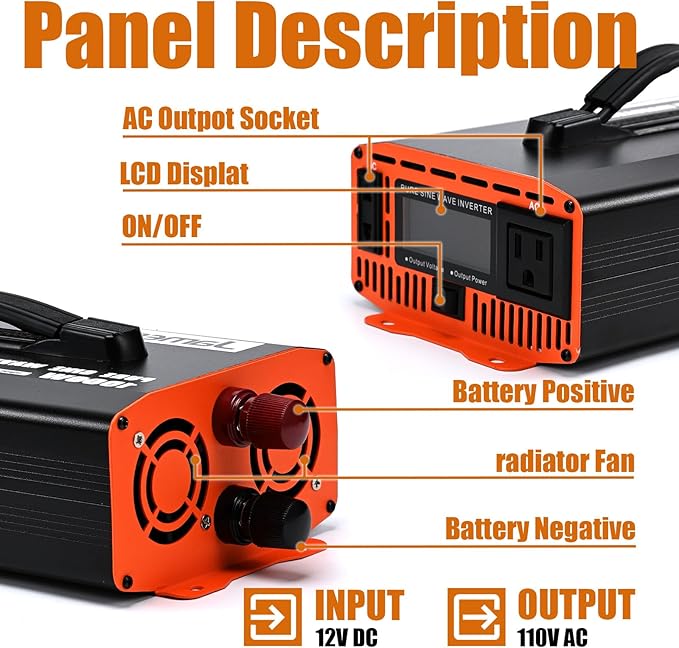 Jamesin Pure Sine Wave Inverter 1000 Watts, 2000 Watts Peak Power, 12 VDC to 110/120 VAC with LED Display for Home, Truck, Car, RV, Residential Solar Systems