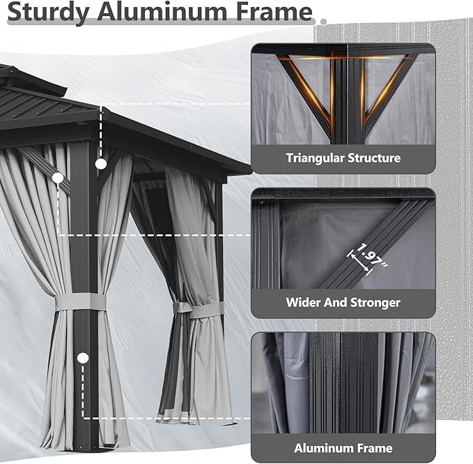 Aoxun 10' X 14' Hardtop Gazebo, Aluminum Metal Outdoor Gazebo with Galvanized Steel Double Roof, Permanent Patio Pavilion with Breathable Netting and Curtains for Dining, Wedding, Party