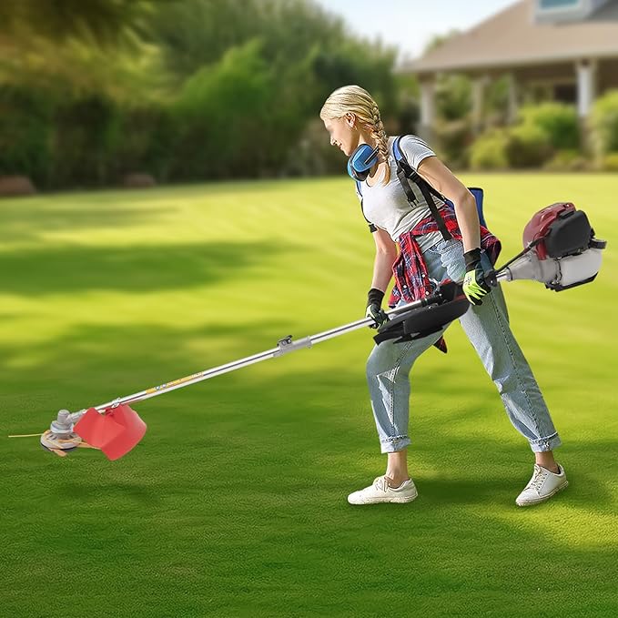 Gas Weed Wacker, 35.88CC 750W 4-Stroke Gasoline Weed Eater 8500RPM High Speed Lawn Mower with 2 Blade Heads, Portable Single-Cylinder Brush Cutter Grass Trimmer Tool for Home Garden Lawn Mowing