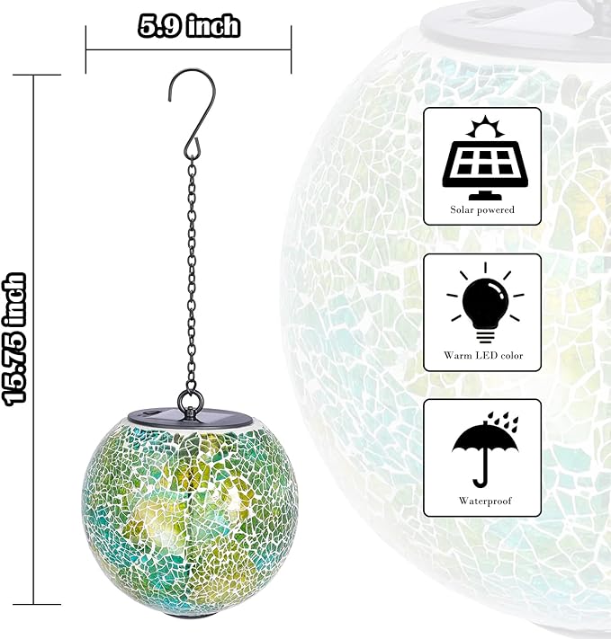 Solar Hanging Lantern Solar Outdoor Lanterns Mosaic Gazing Ball Outdoor Hanging Lights Outdoor Lights Waterproof Garden, Patio, Pathway & Yard Décor Green