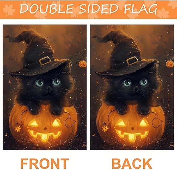 Halloween Garden Flag Black Cat Witch Hat Pumpkin Garden Flag Double Sided Vertical Welcome Flag Holiday Outdoor Yard Lawn Decorations 12x18 Inch